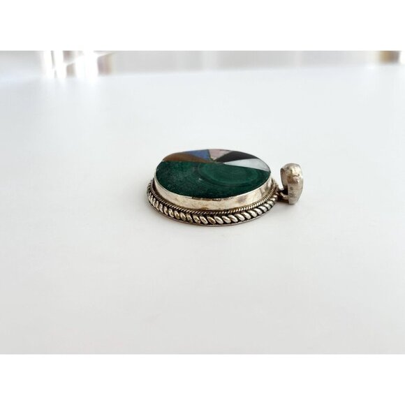 RARE Gemstone Inlay Geometric Southwest Pinwheel 925 Vintage Pendant - Picture 9 of 10